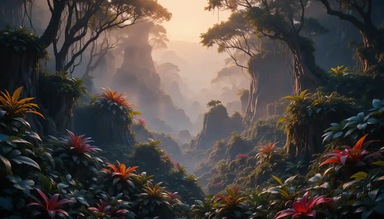 Lush jungle landscape with warm light and mist