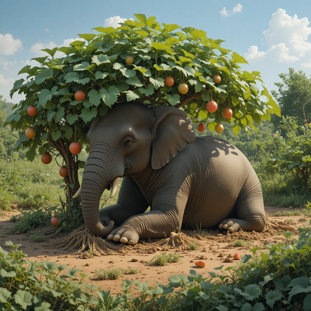 Elephant Resting Beneath A Lush Watermelon Vine Shade