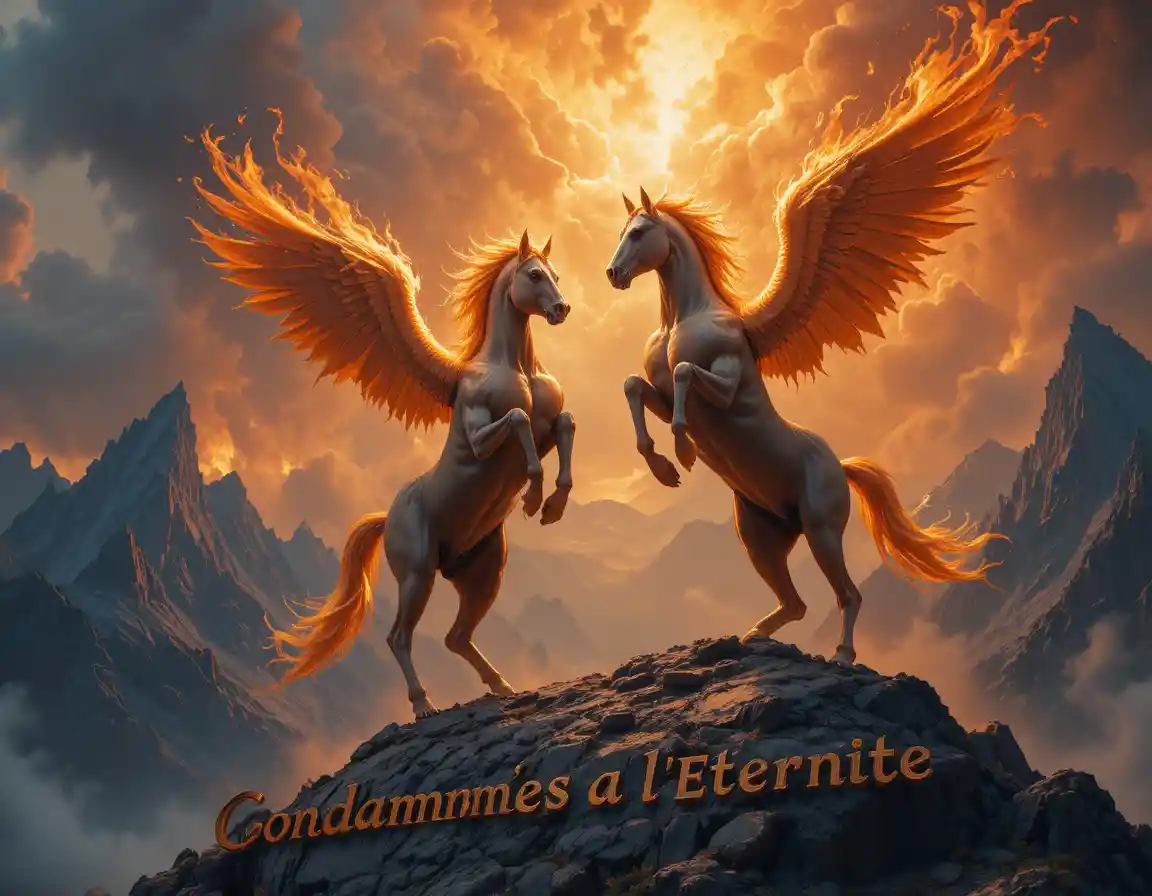 Fiery winged centaurs soar above burning mountain peaks