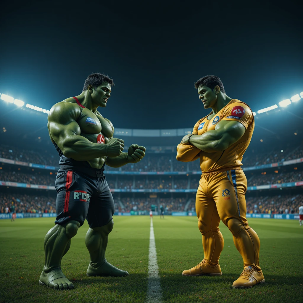 Duas figuras gigantes se erguem em um confronto dramático no estádio