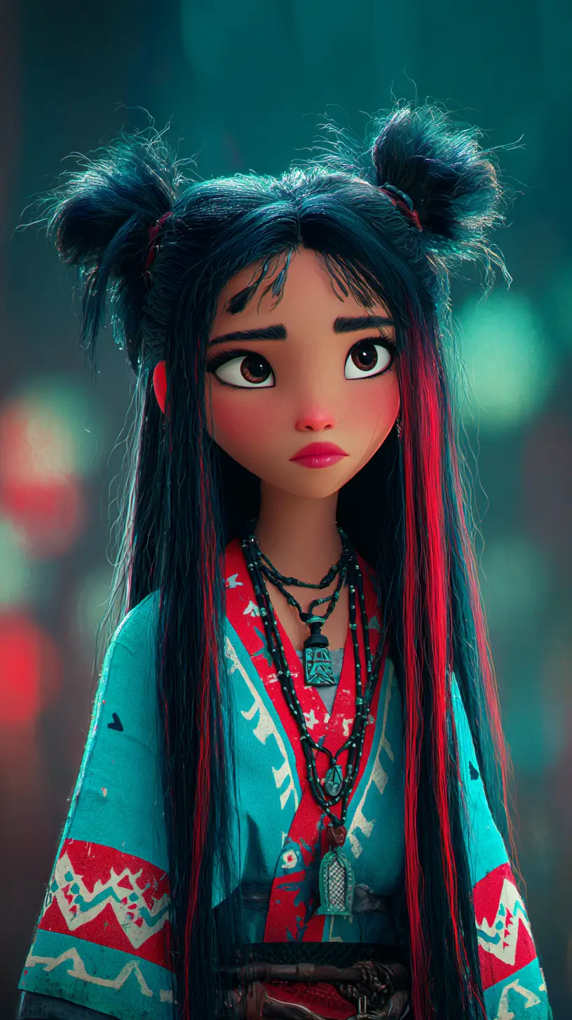 Pixar-Porträt aus der Nähe eines Mädchens im türkisfarbenen Kimono