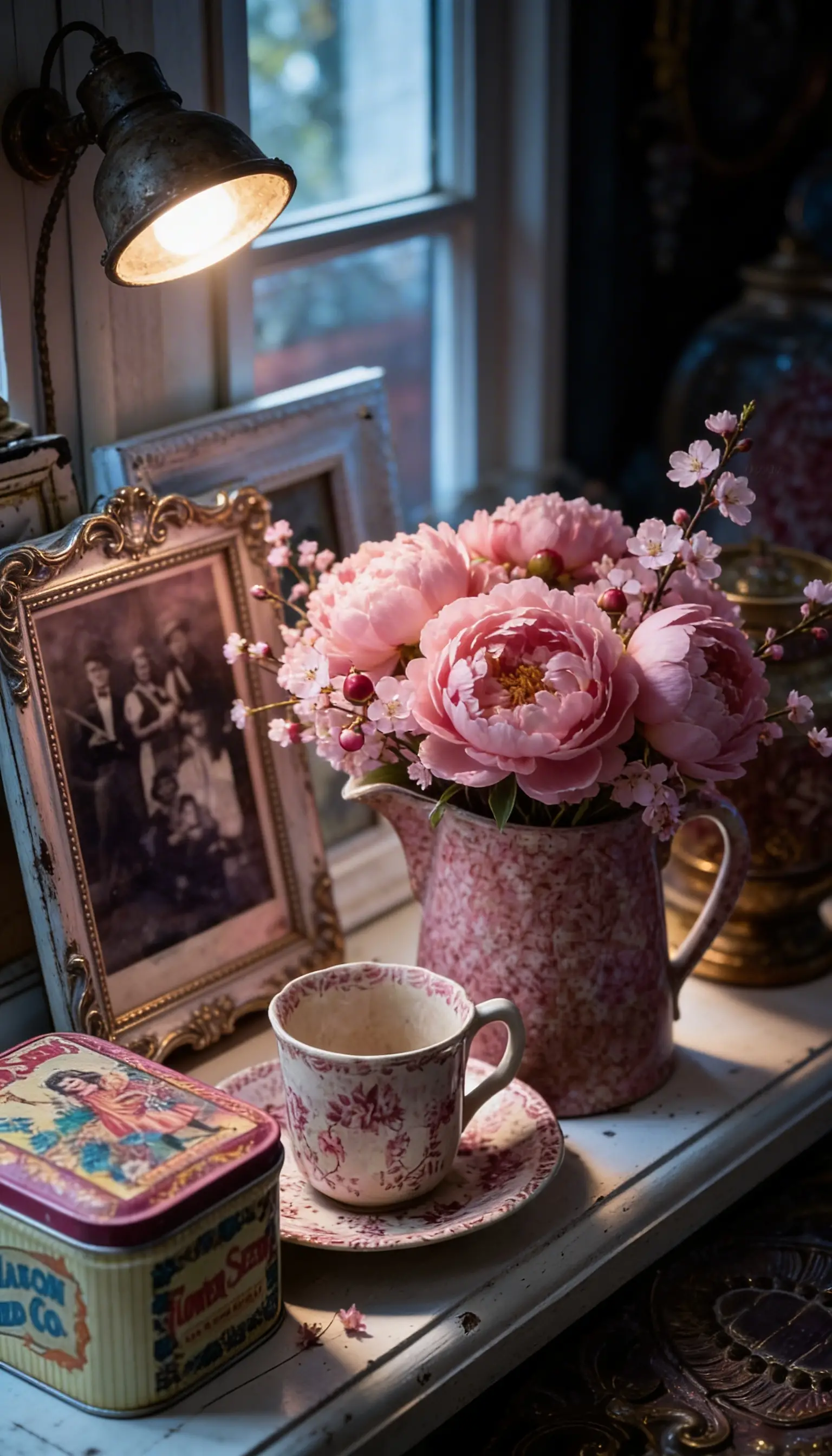 Coiffeuse dark fantasy shabby chic avec décor floral vintage