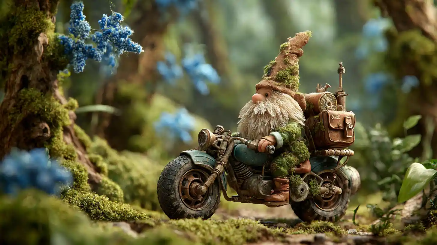 Gnomo Pilotando uma Moto Steampunk em Floresta Ancestral
