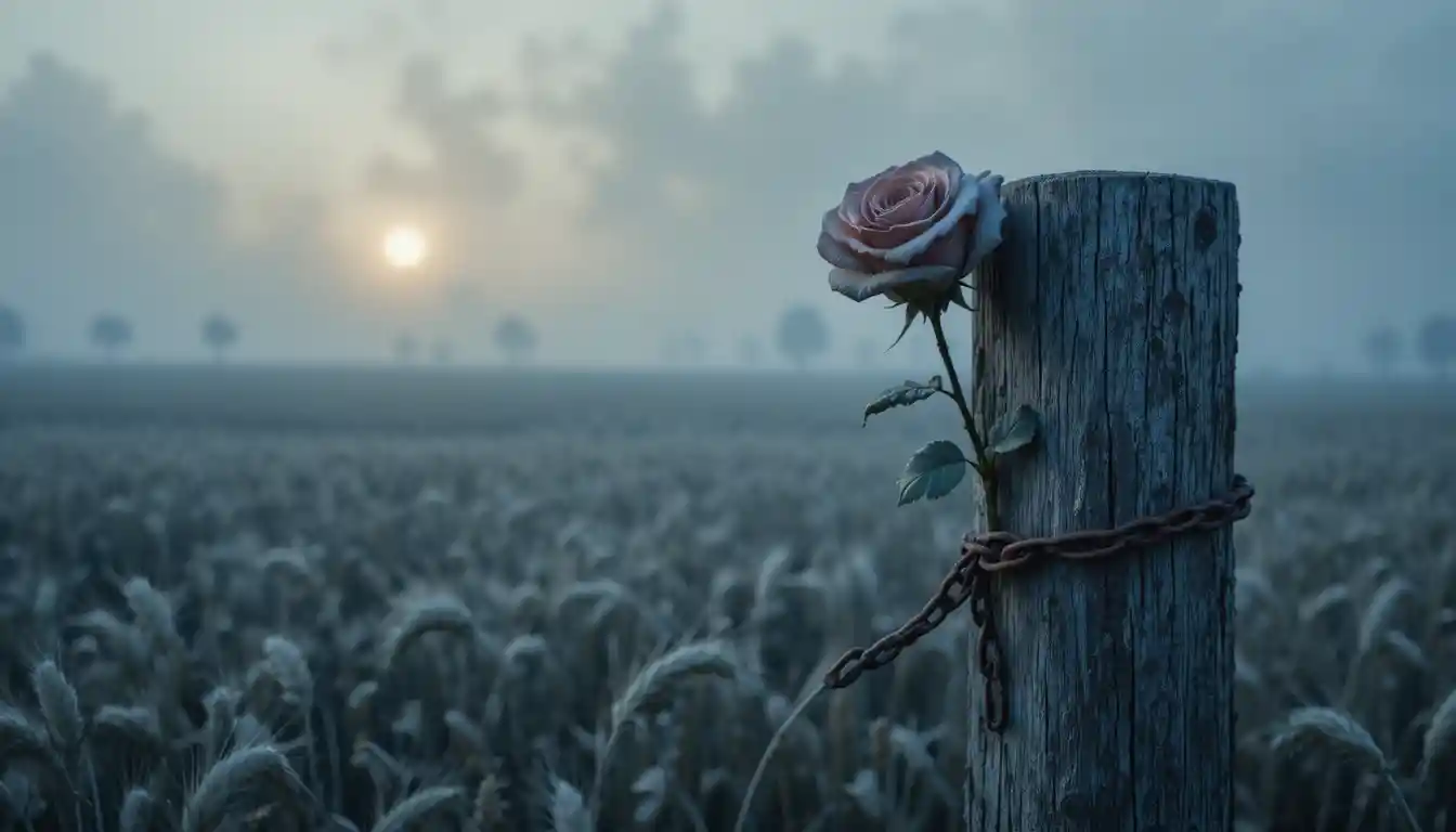 Rosa presa por corrente enferrujada ao lado de estaca em campo de trigo