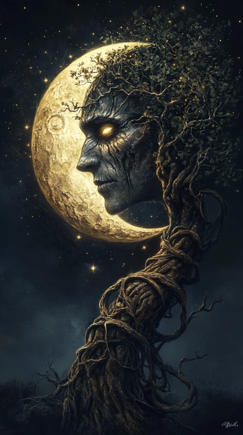 Crescent moon face merging with a twisted cosmic tree