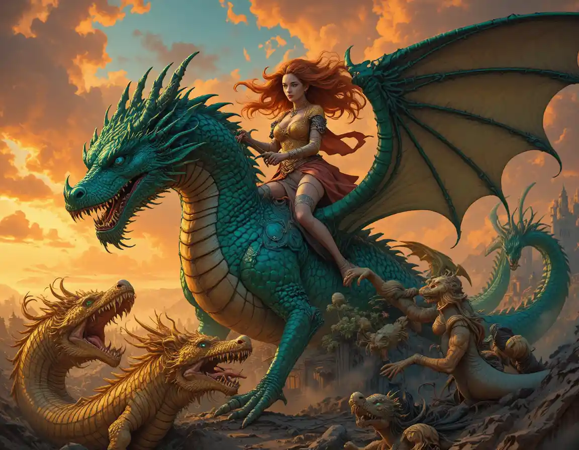 Fiery haired warrior woman riding an emerald dragon