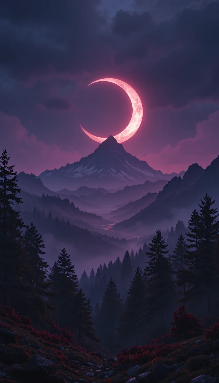 Dark mountain landscape under a giant glowing crescent moon