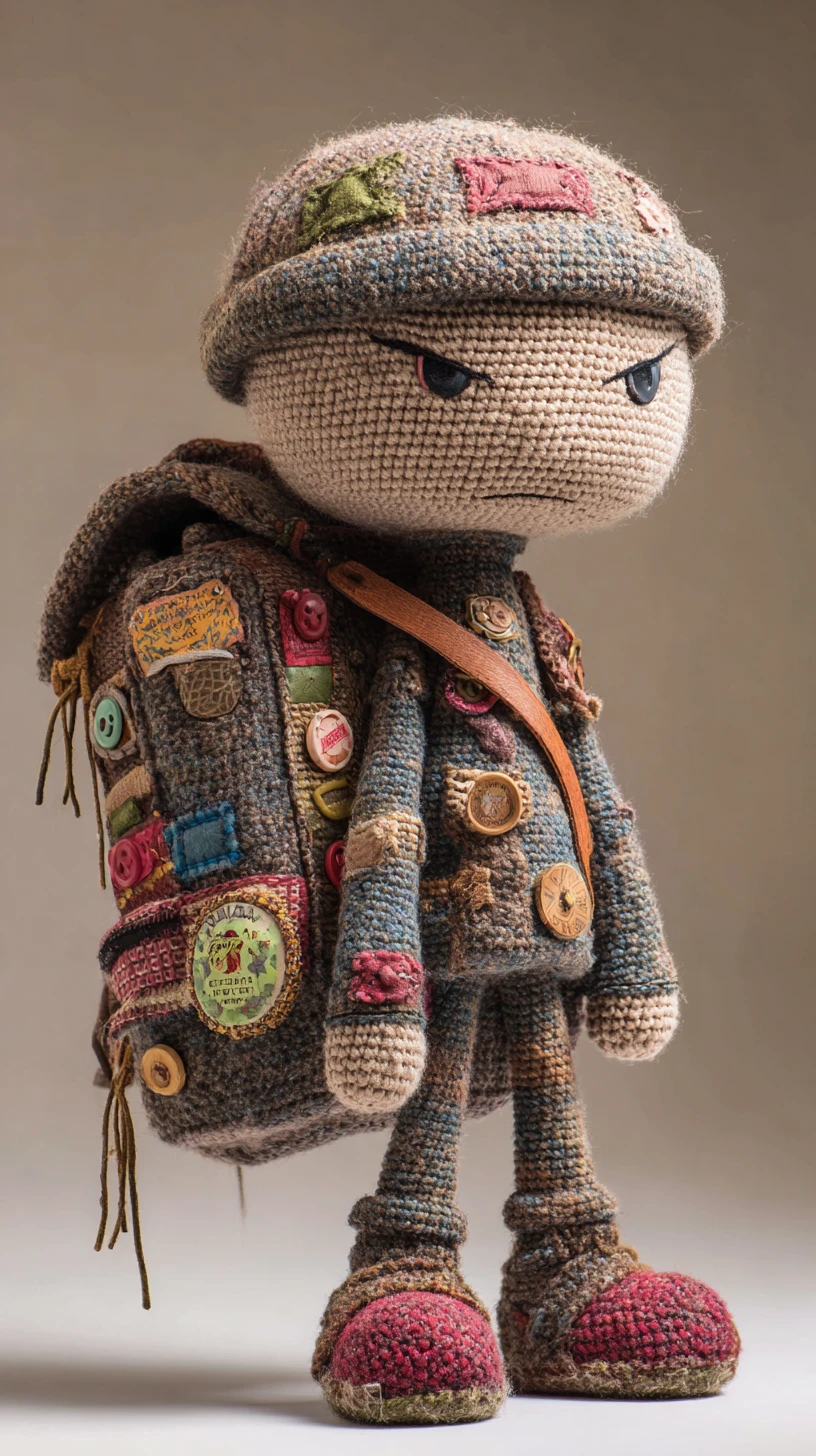 Crochet doll with feisty scowl and worn travel backpack