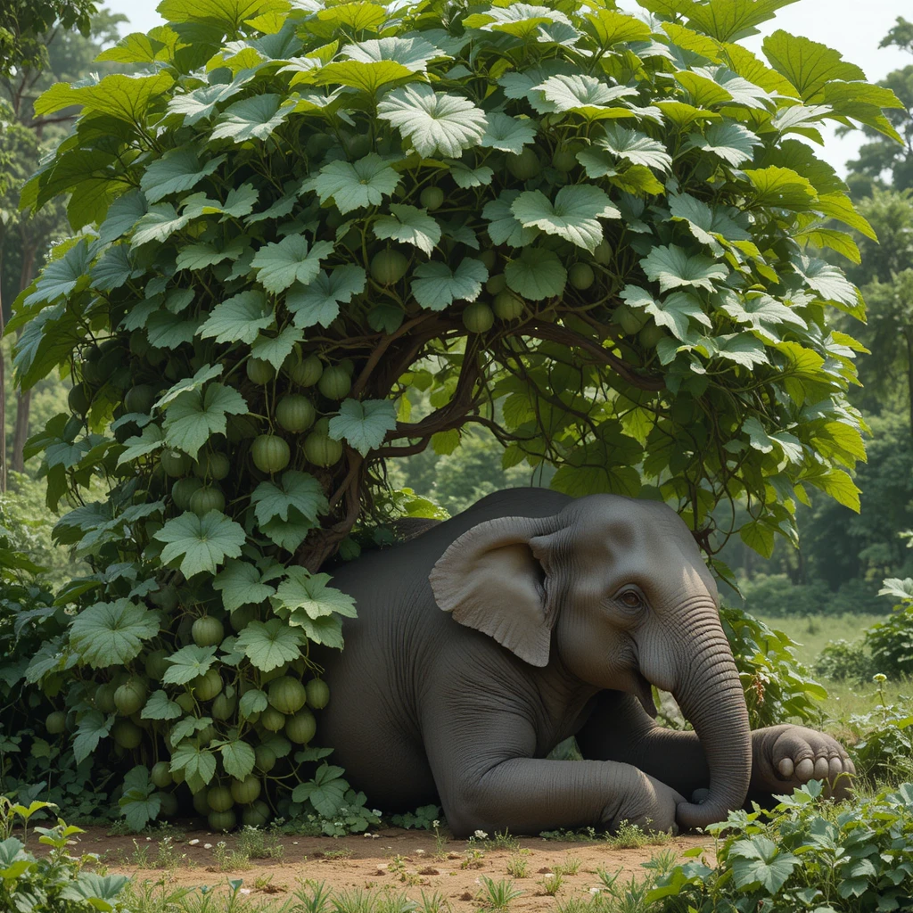 Elefante descansando sob a sombra de uma viçosa rama de melancia