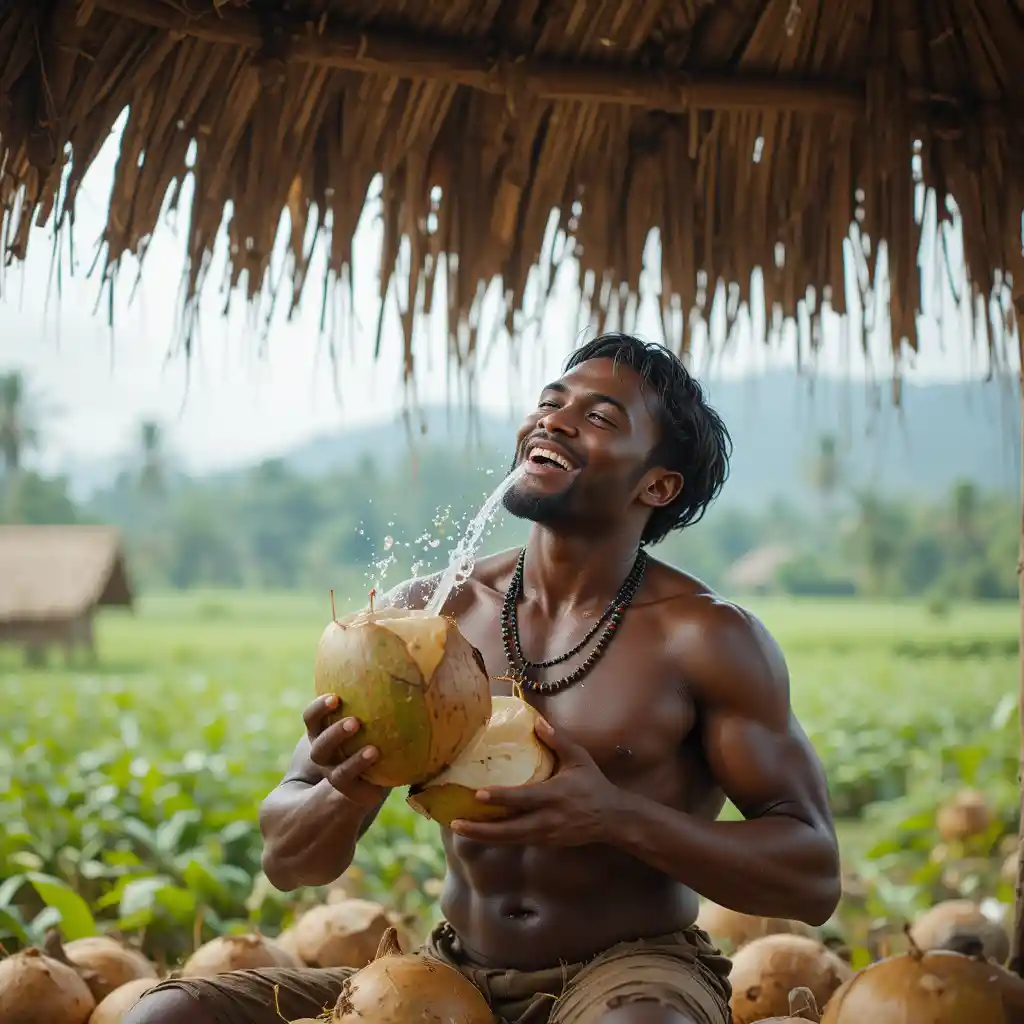 Muscular farmer drinking fresh coconut water on rural farm