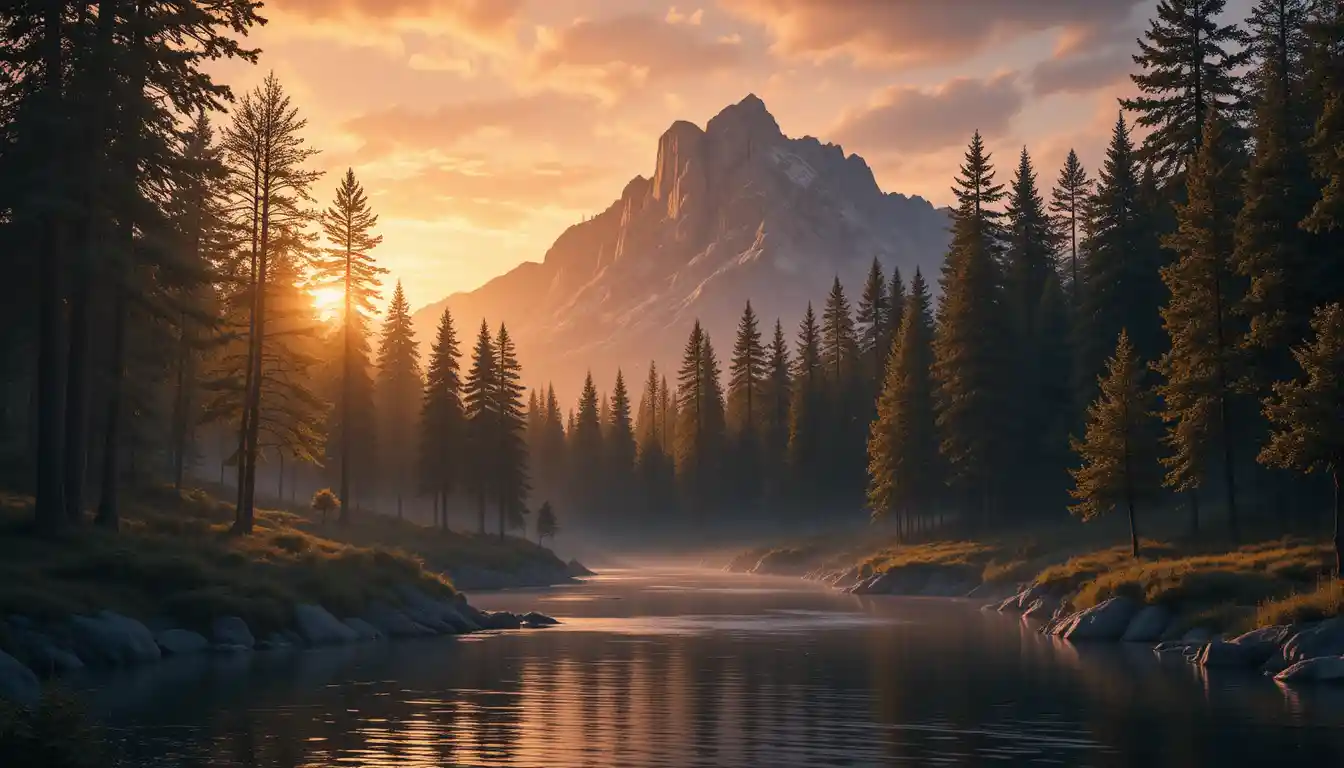 Río sereno en el bosque al pie de una montaña al atardecer