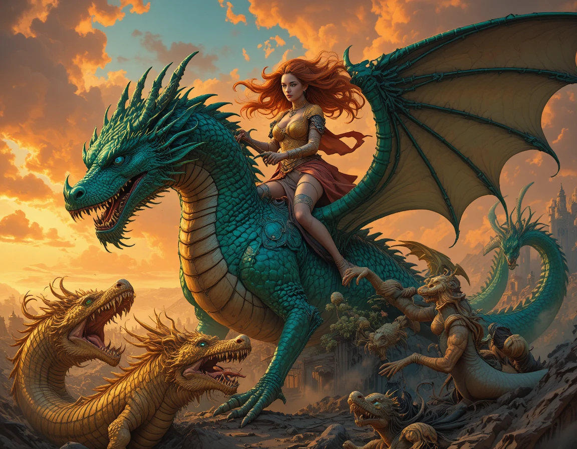 Fiery haired warrior woman riding an emerald dragon