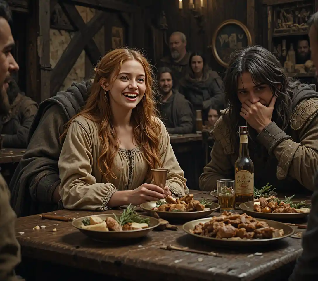 Laughing tavern girl embraced by rugged medieval warrior