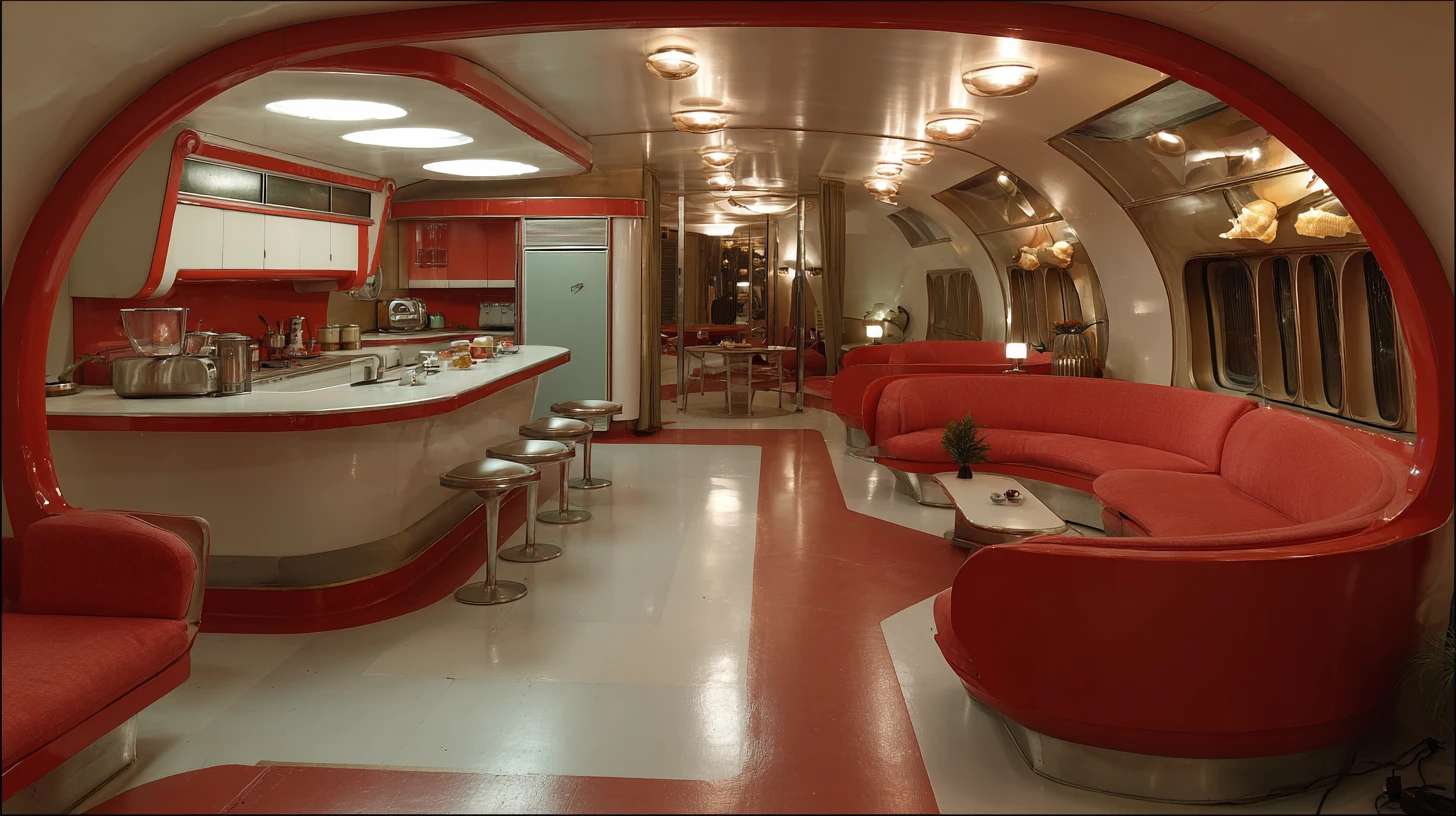 Cocina automática retro futurista de los años 50 llena de gadgets modernos