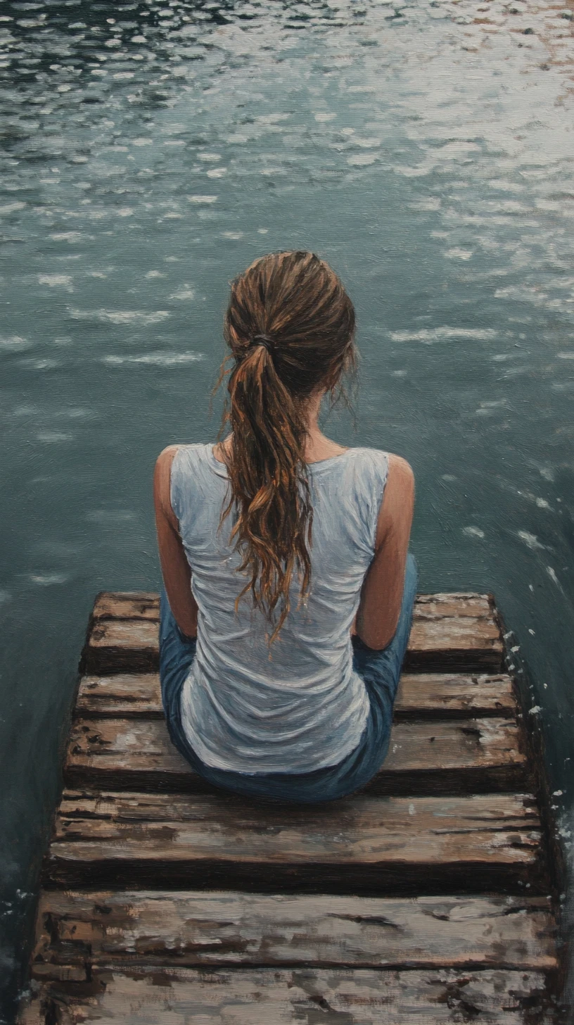 Young girl on wooden pier gazing over calm water