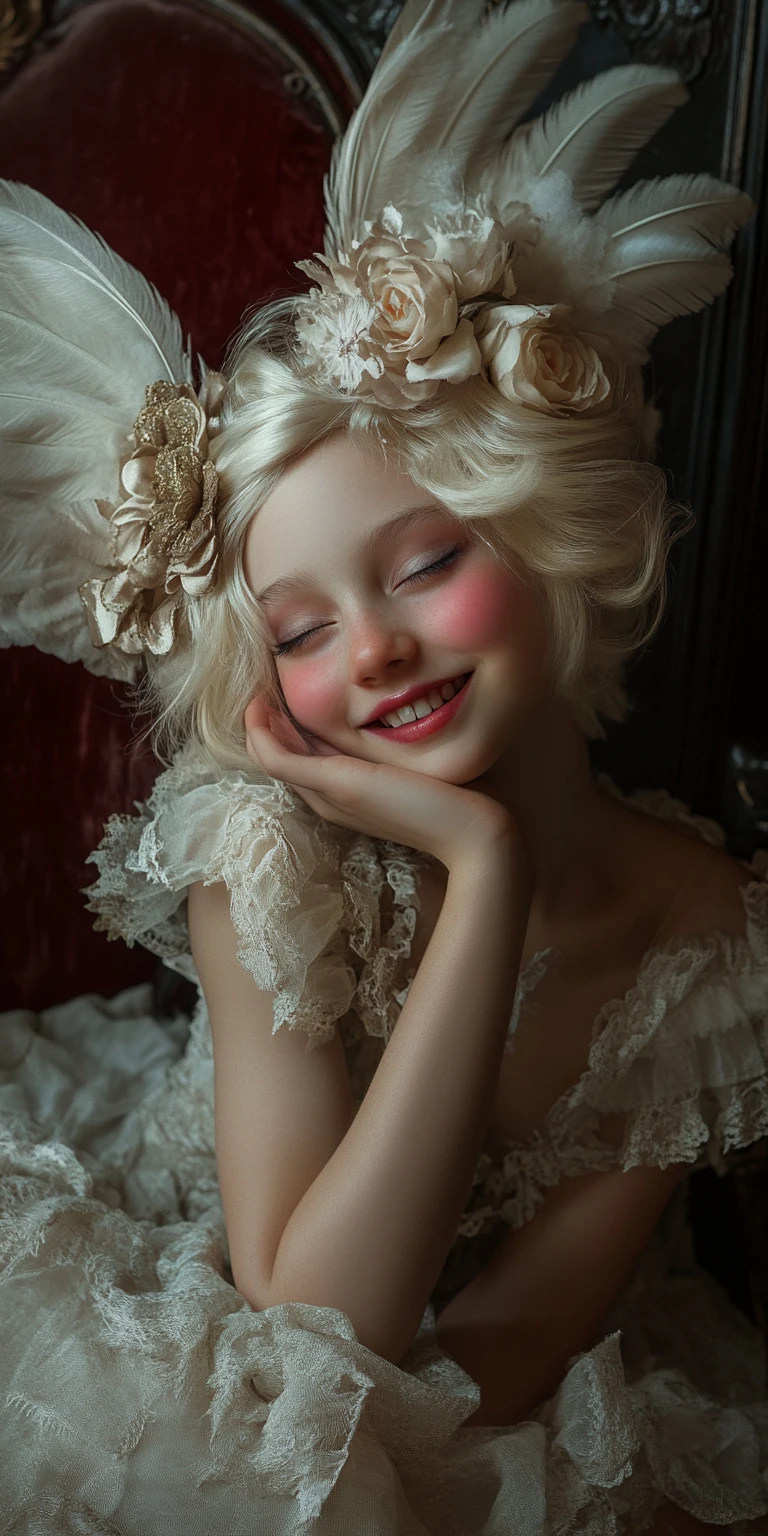 Mythological woman smiling softly in a dark velvet room