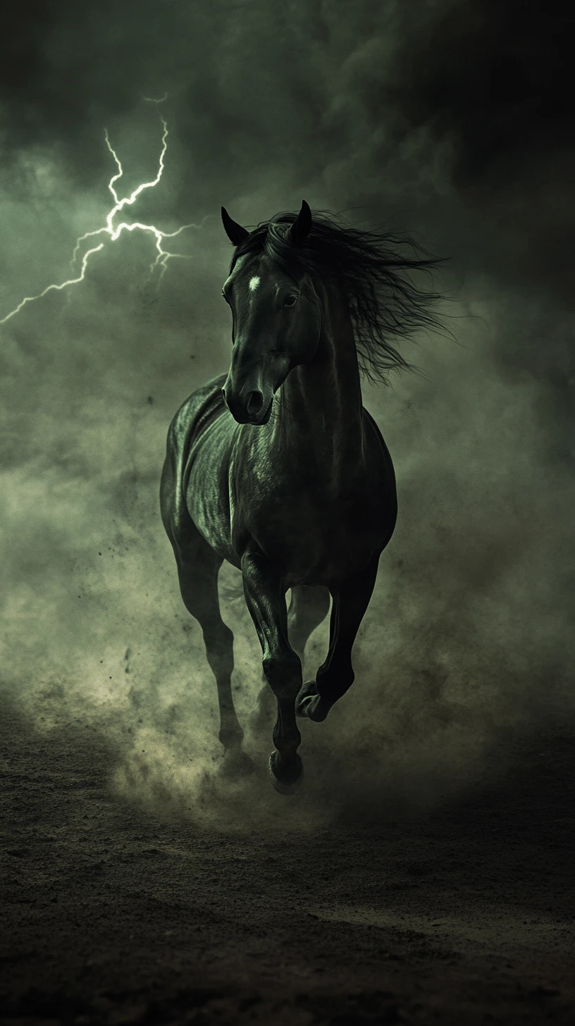 Spectral black dust horse galloping across dark desert