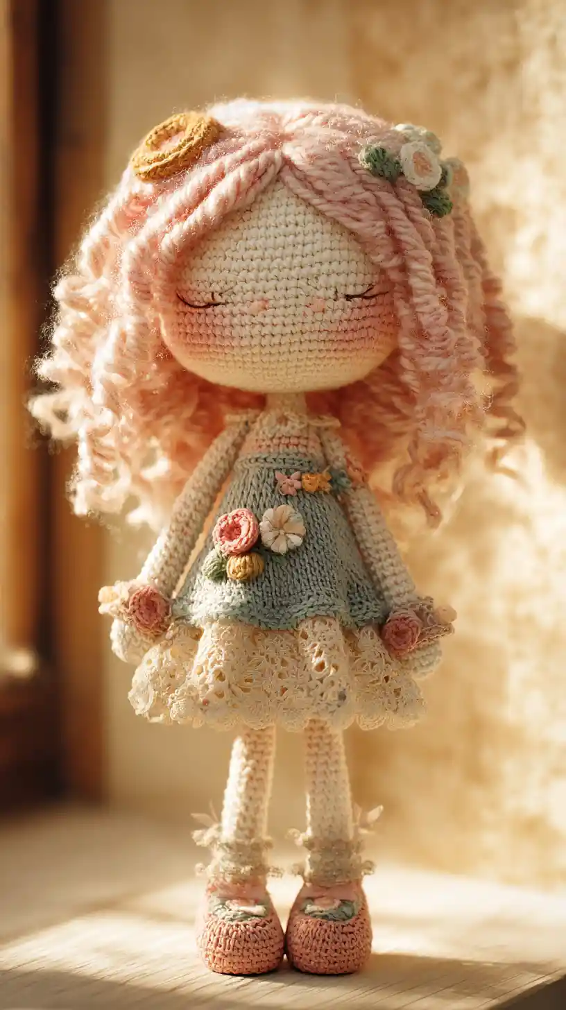 Boneca de crochê encantada com vestido floral de renda