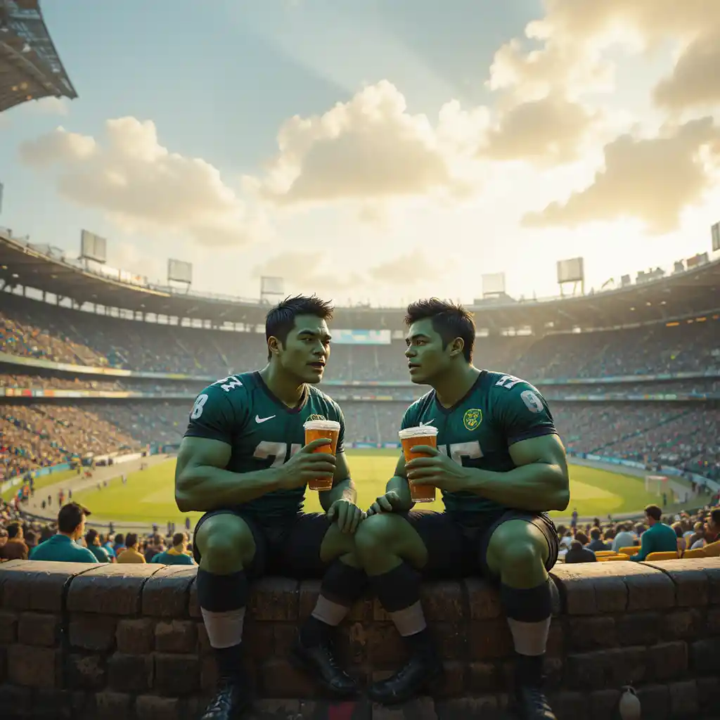 Two friends sharing cold drinks outside a sports stadium