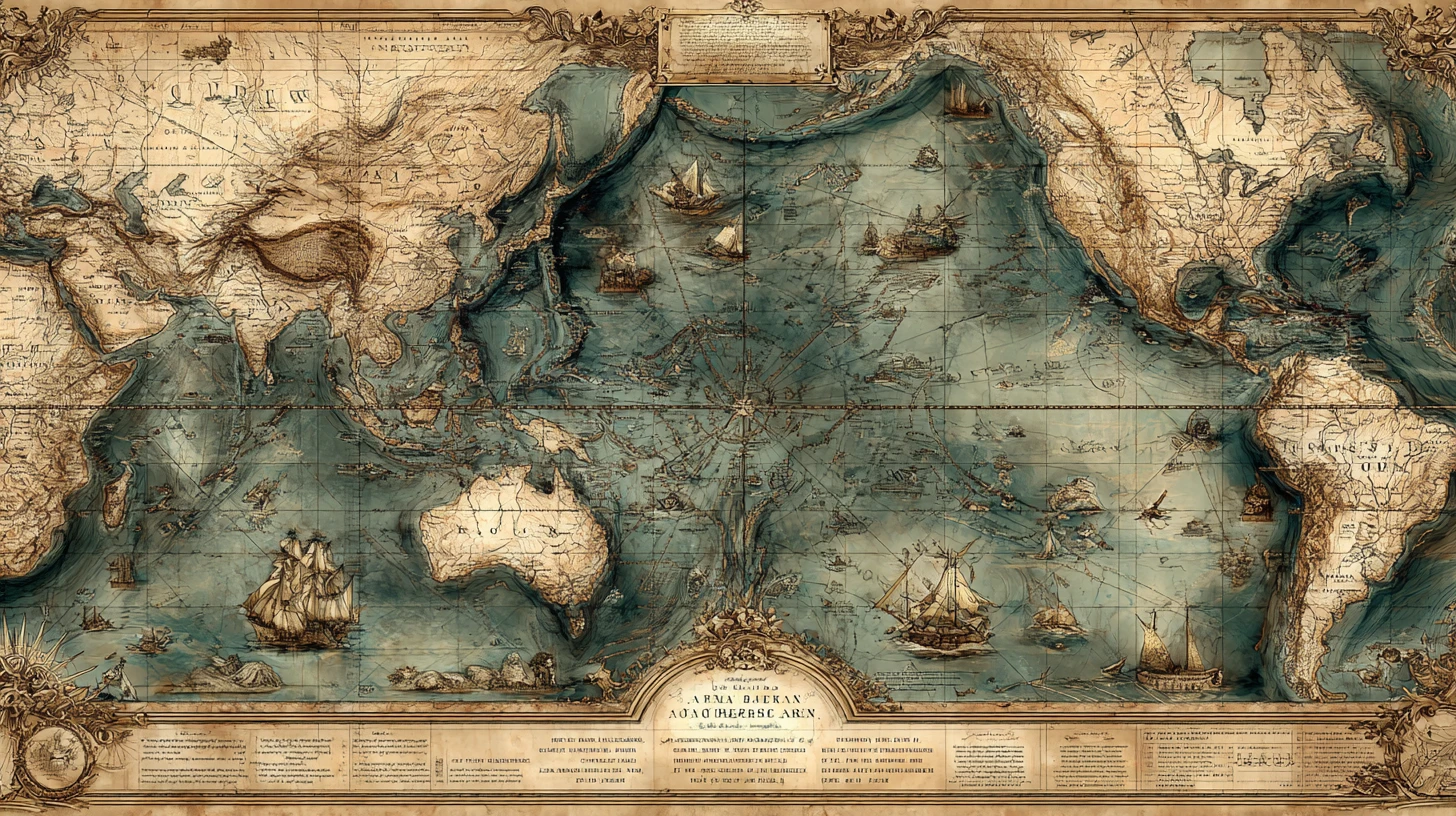 Antiguo mapa náutico 3D del océano Pacífico