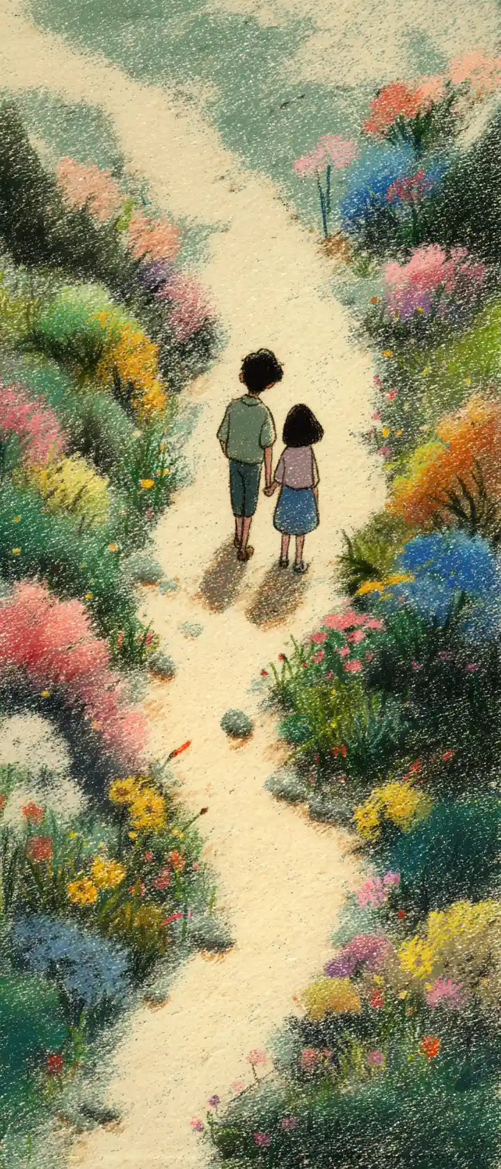 Due bambini salutano con la mano su un sentiero di foresta biforcuto