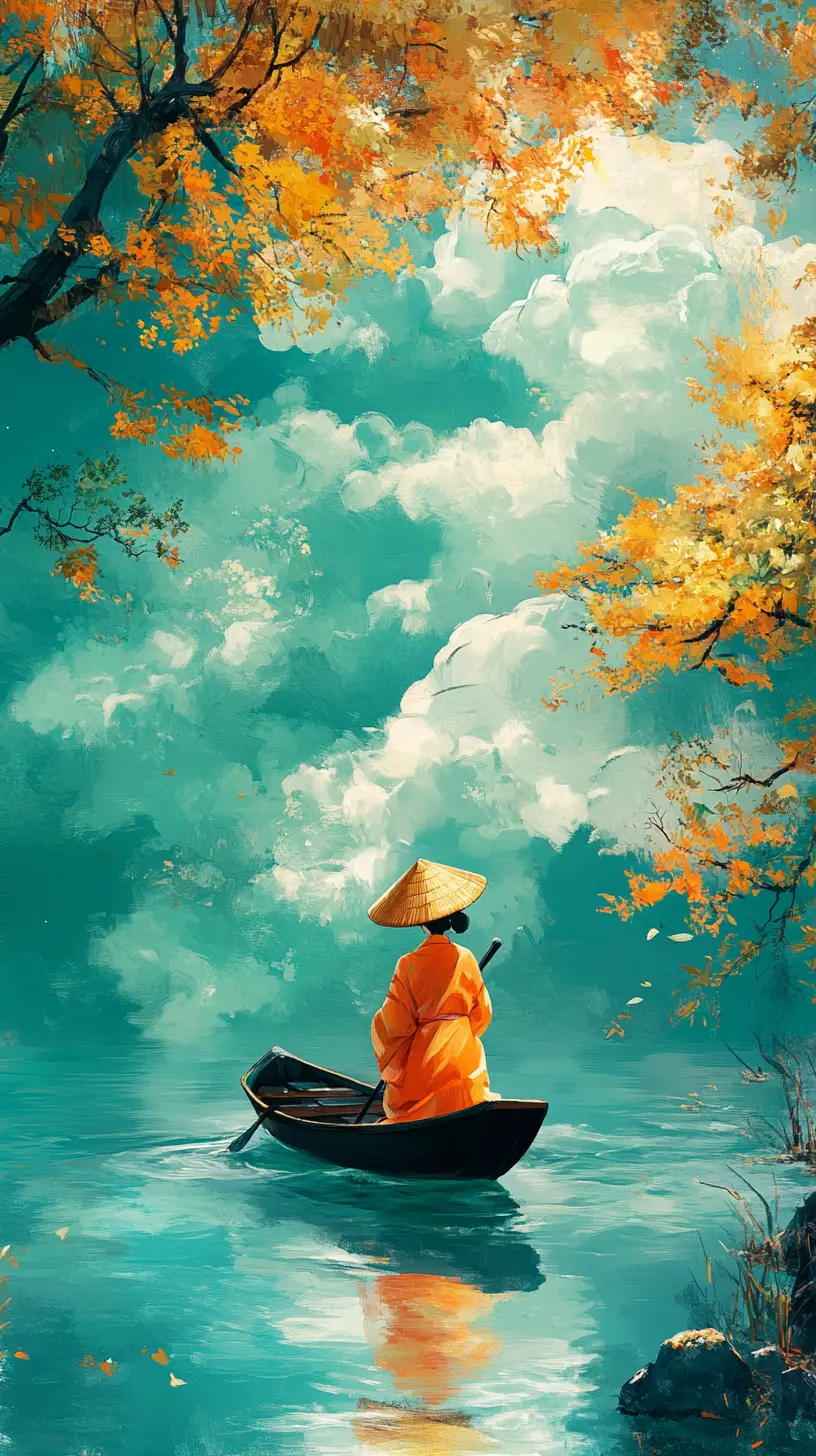 穿橘色和服的旅人划船穿越碧綠河流