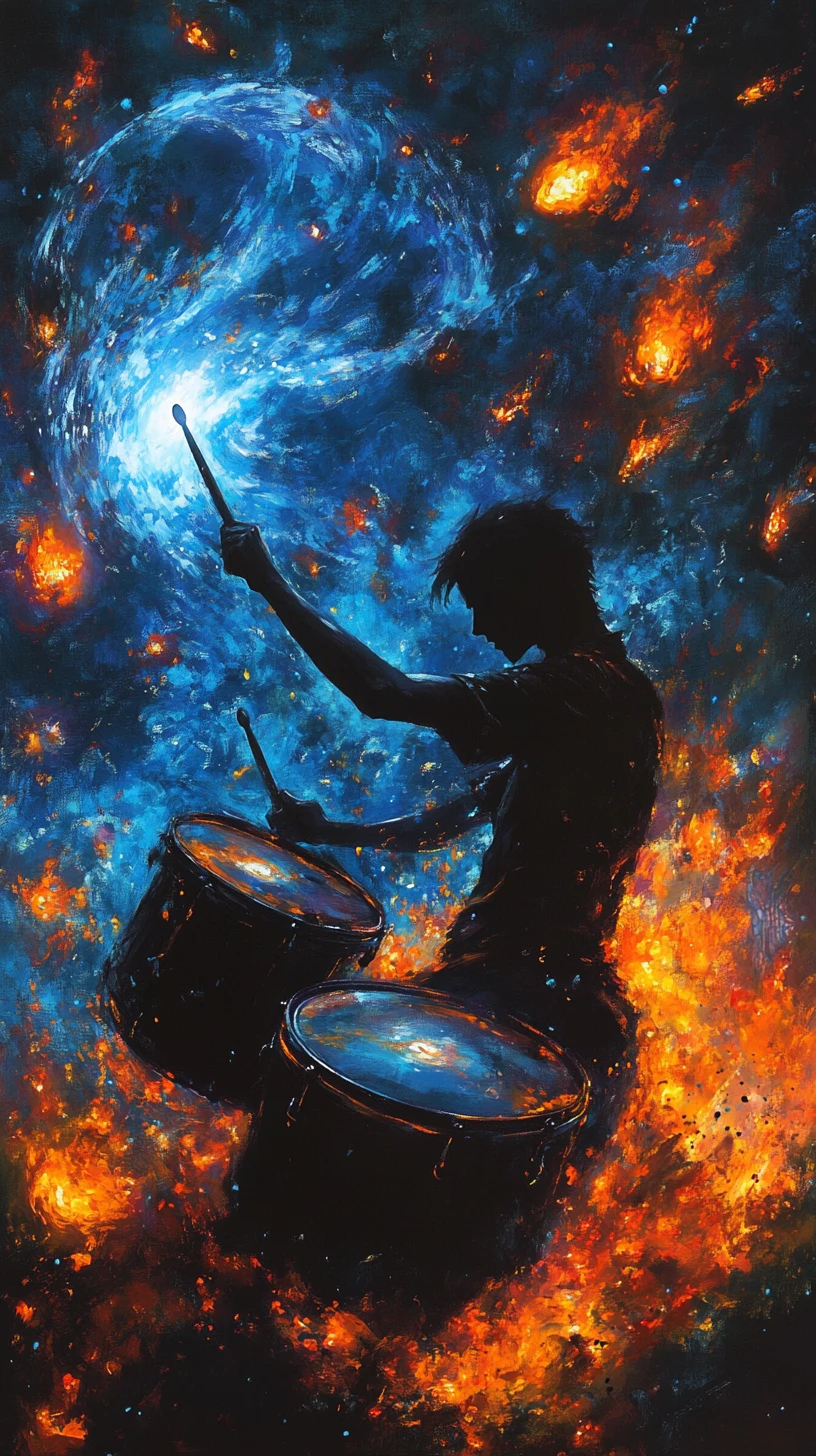 Baterista sombrio tocando tambores elementais brilhantes na escuridão