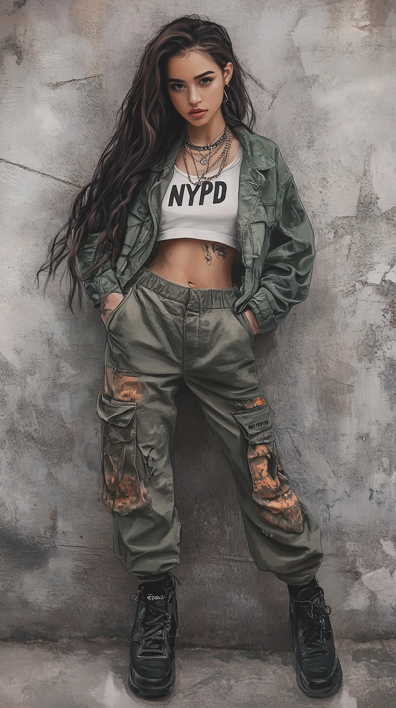 Young woman in urban streetwear against concrete wall