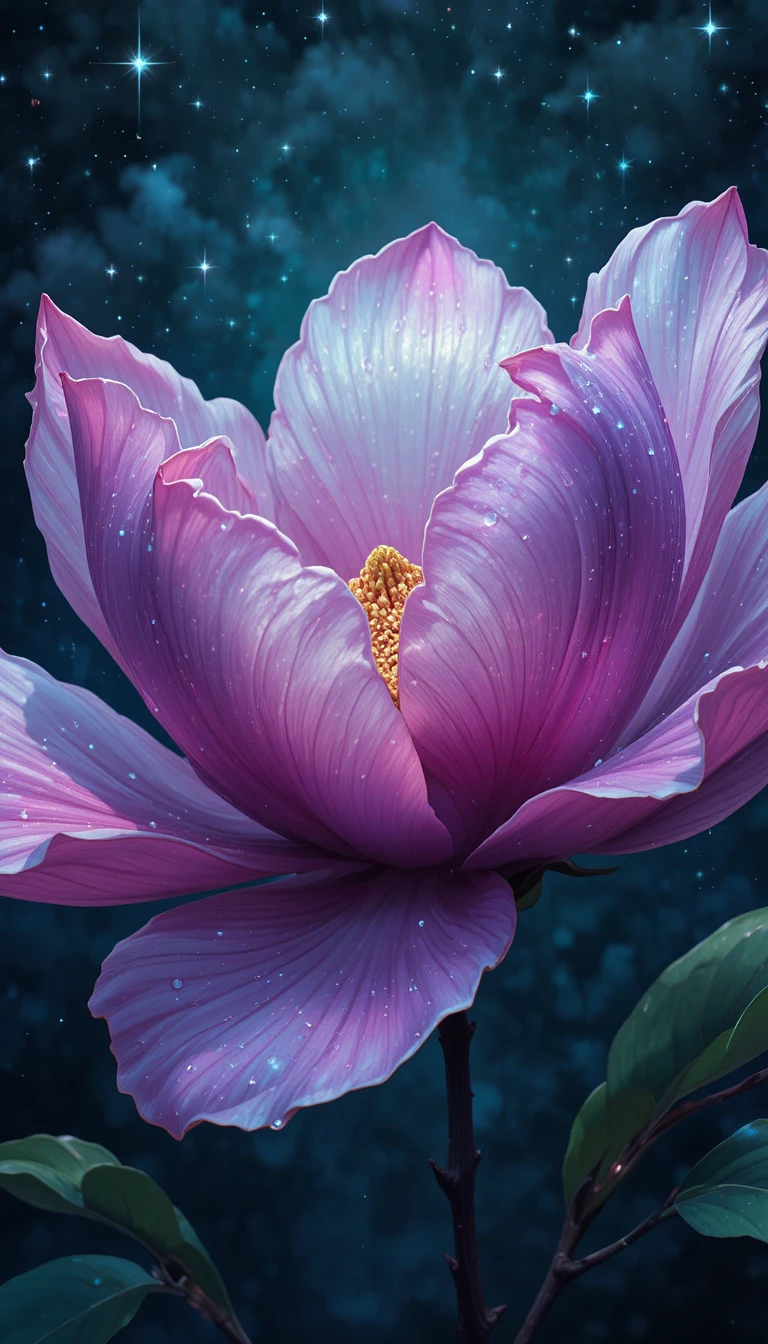 Blooming magnolia flower under a starry night sky