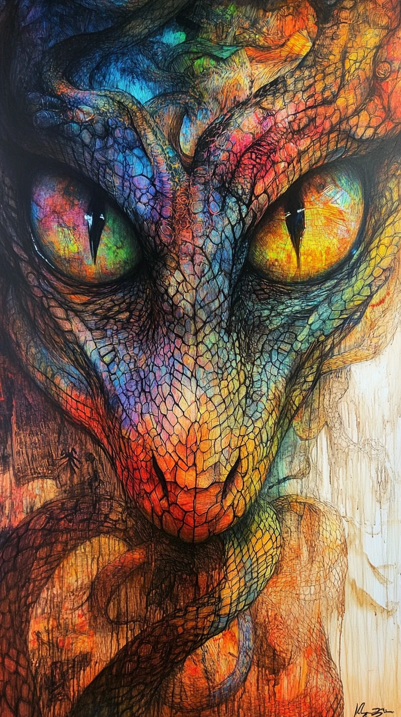 Abstract snake with bold colorful hues and large mysterious eyes