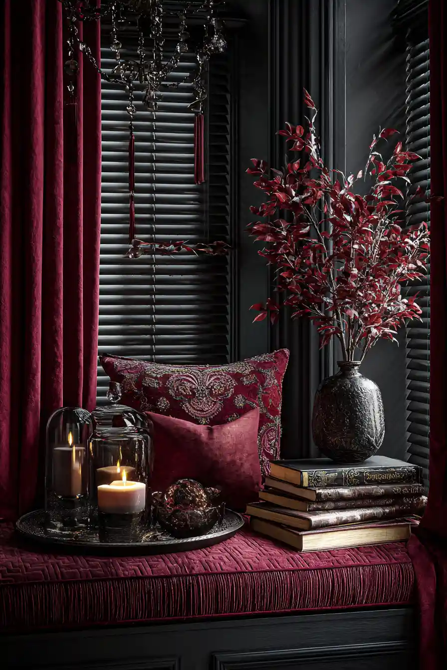 Nature morte sombre sur rebord de fenêtre avec bougie et objets décoratifs