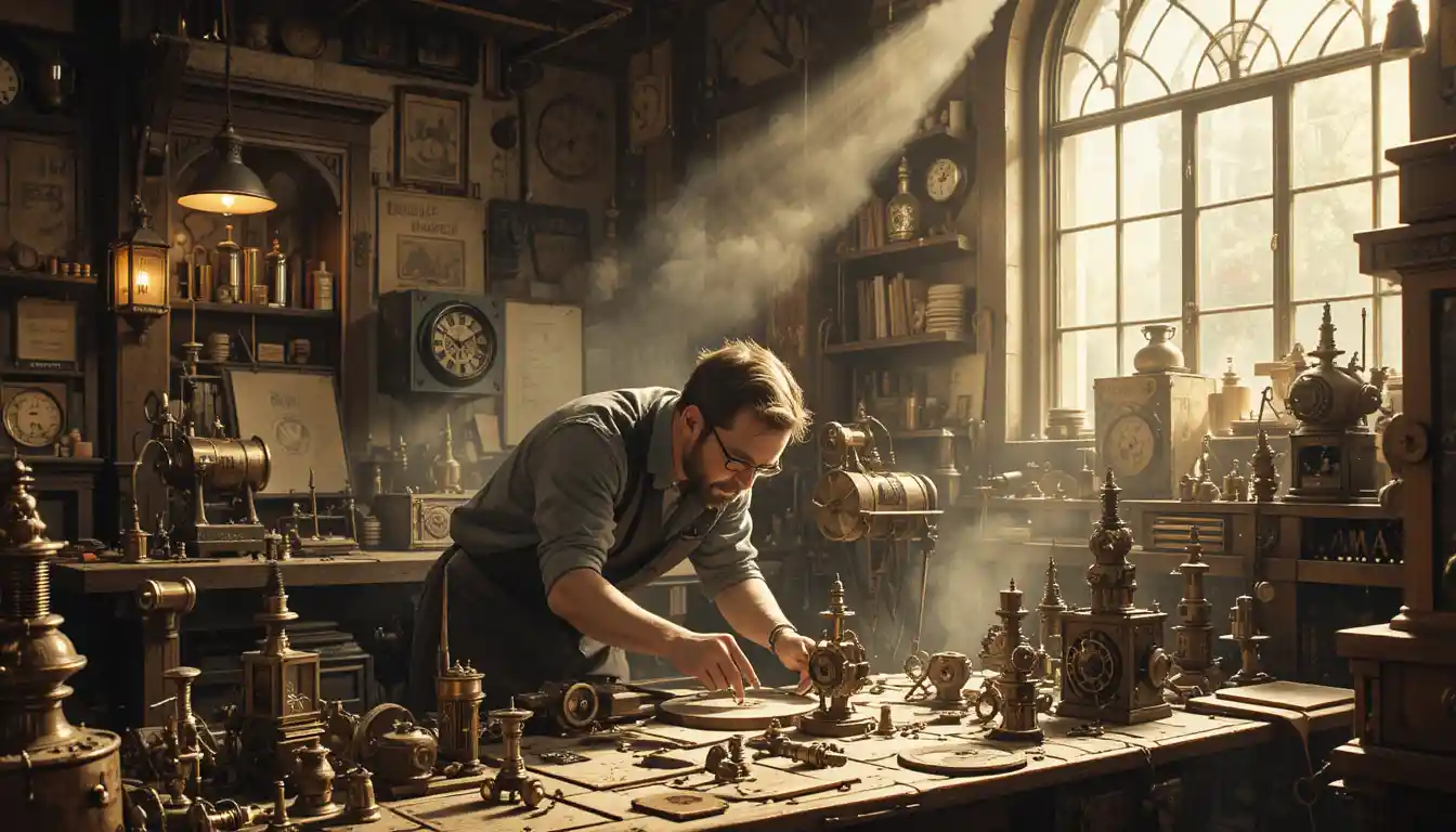 Horloger steampunk à l’établi dans un atelier baigné d’une lumière chaude