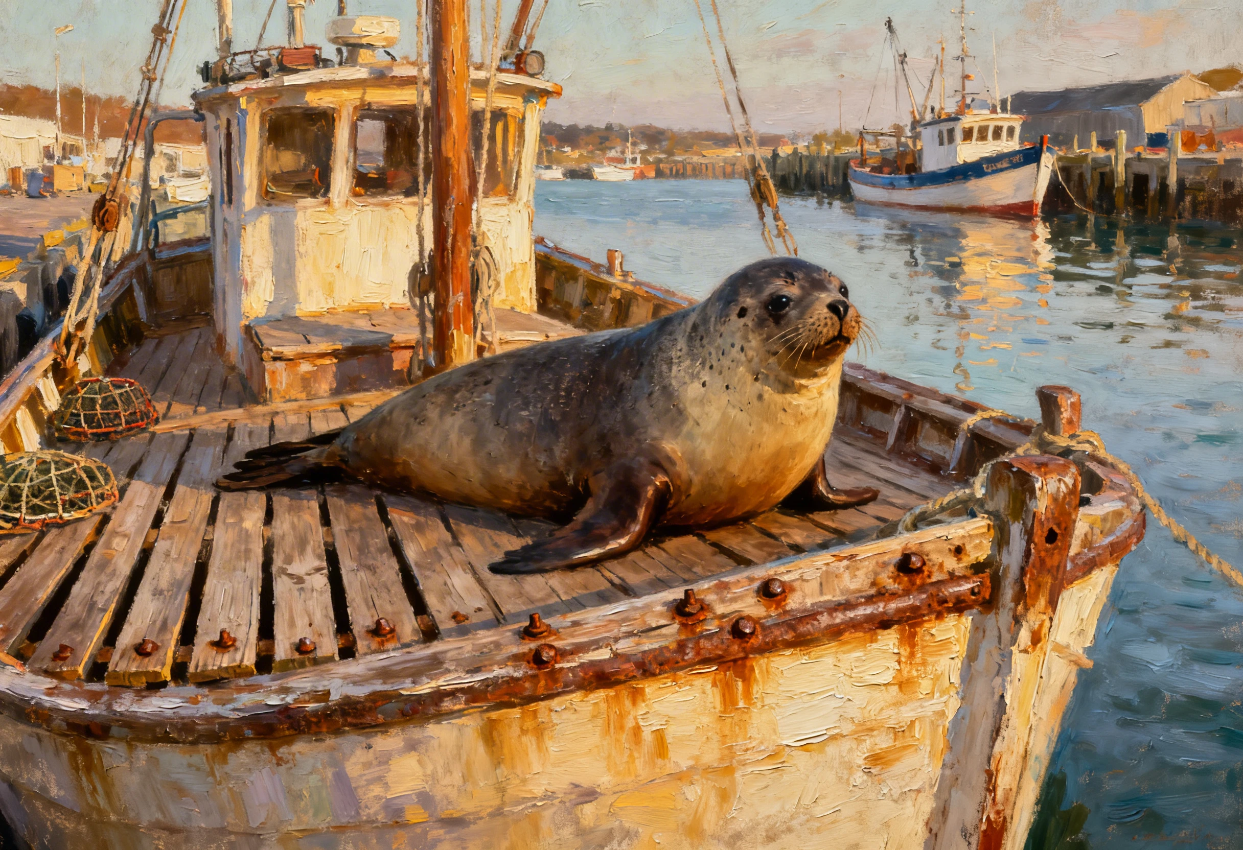 Foca-do-porto descansando no convés de um velho barco de pesca