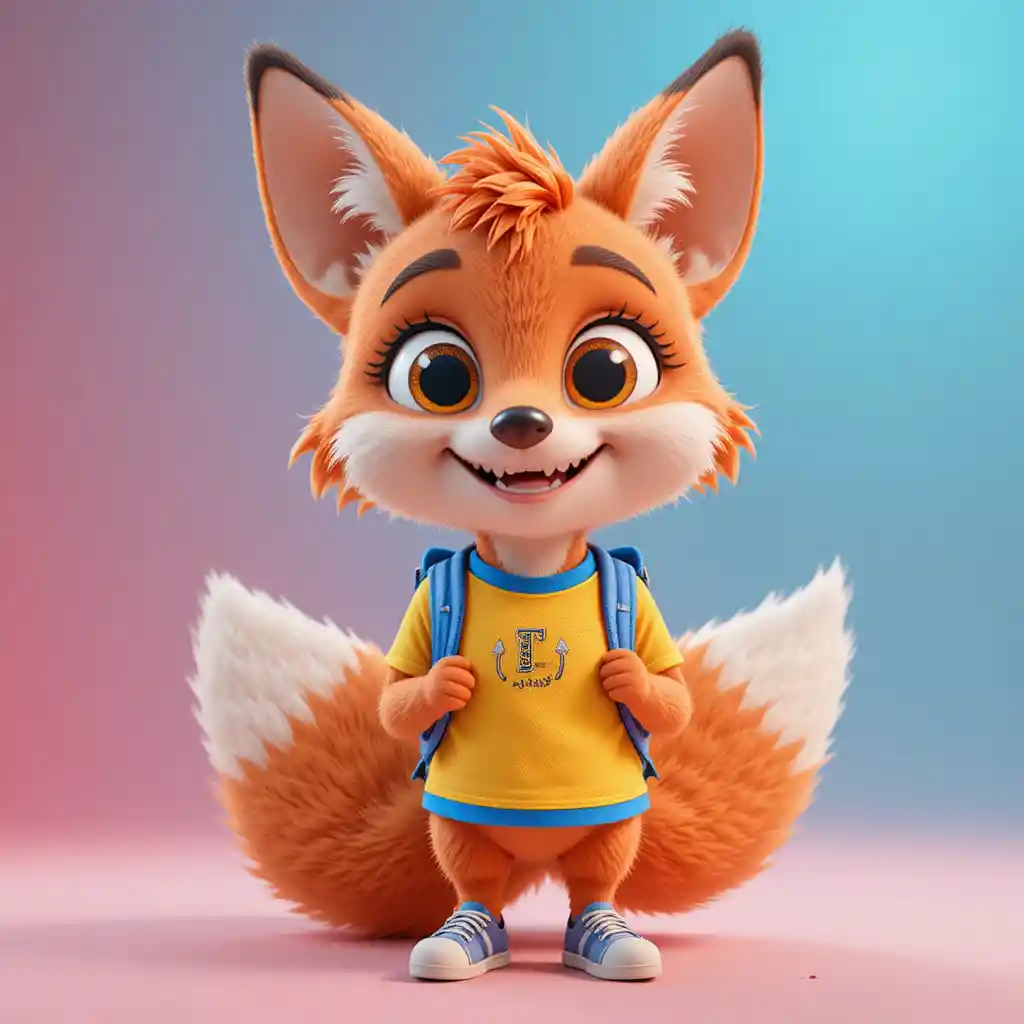 Adorable mascotte renard 3D cartoon en tenue colorée pour enfants