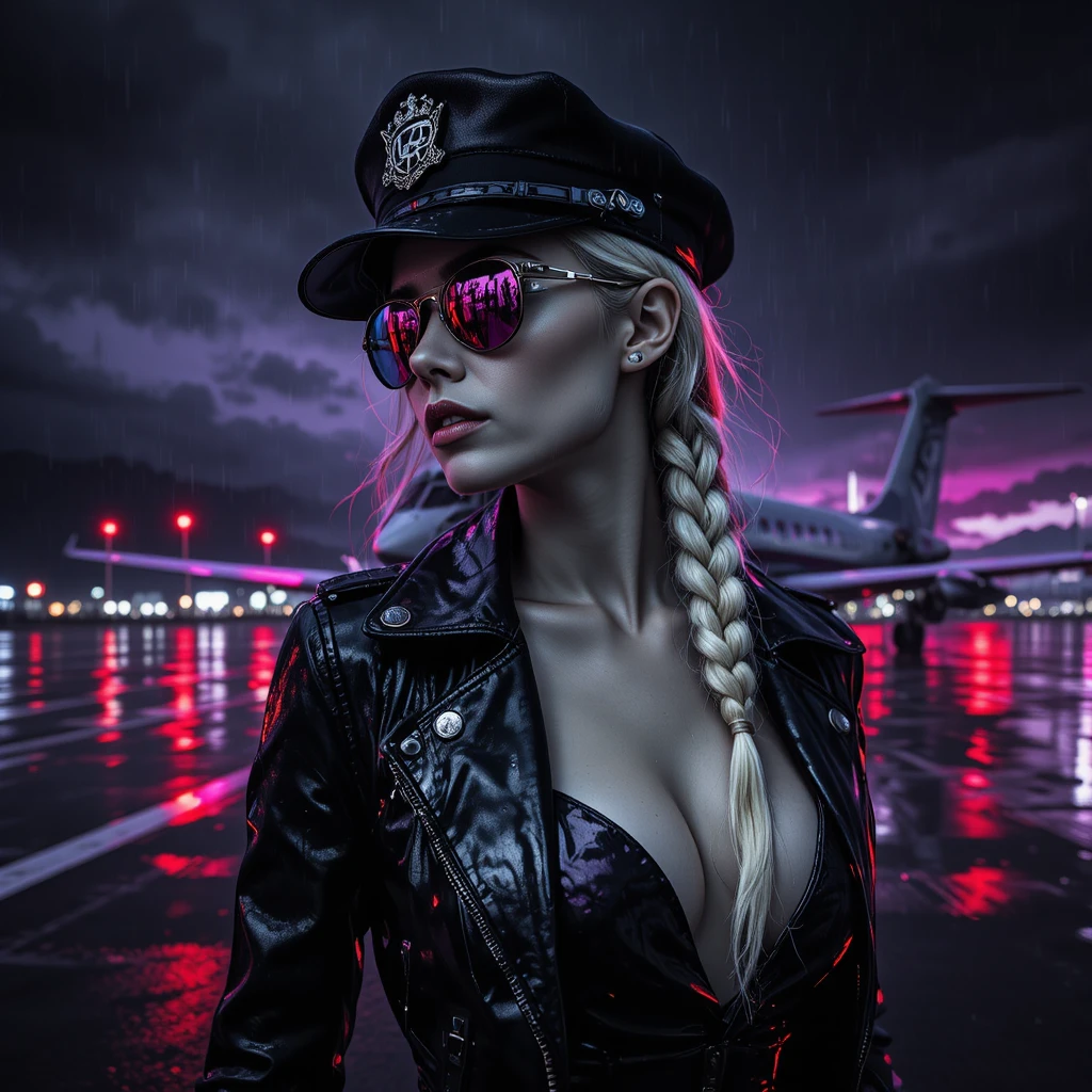 Noir style woman pilot in neon lit runway rain