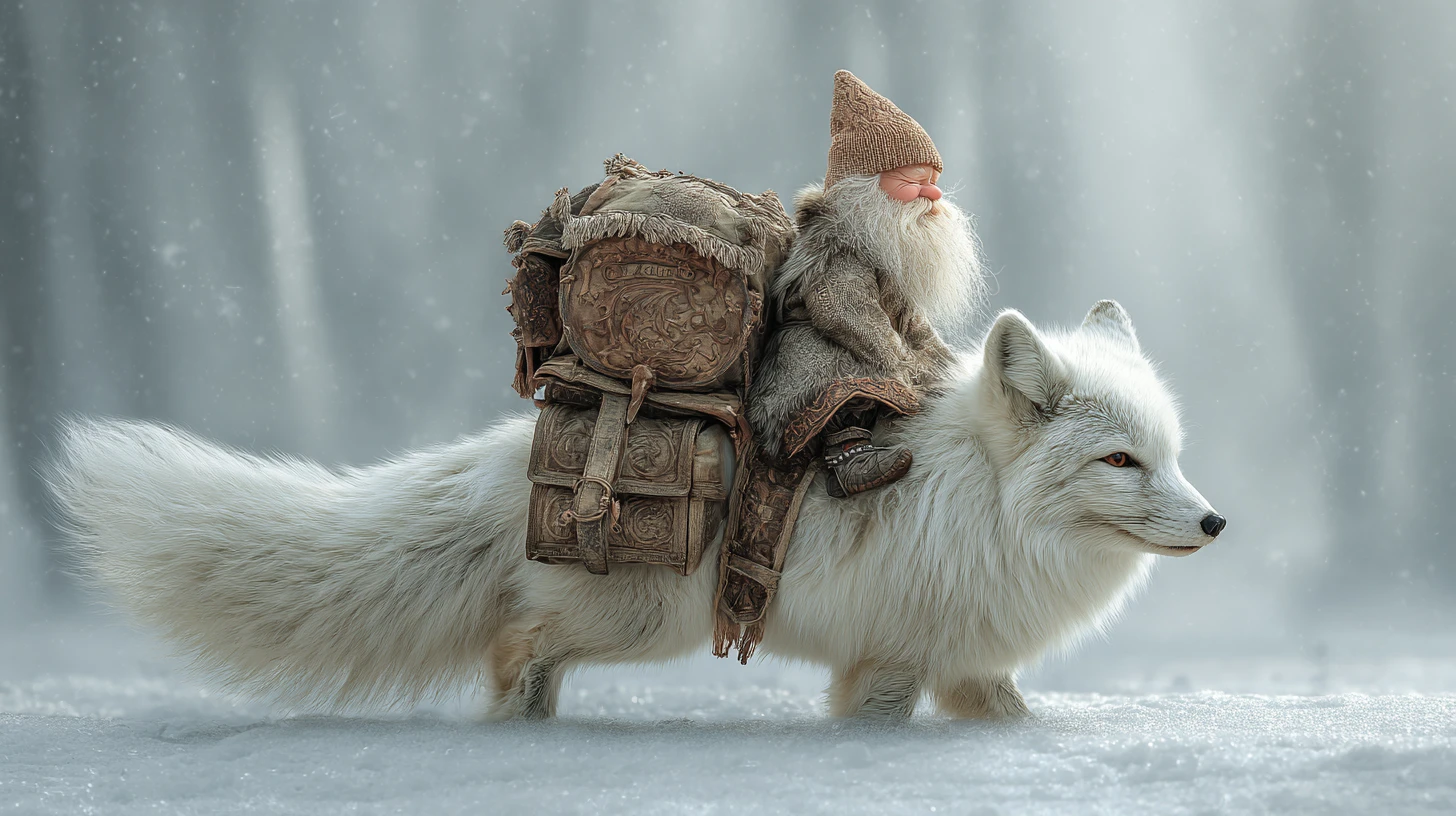 Minuscule gnome chevauchant un renard blanc géant dans une forêt enneigée