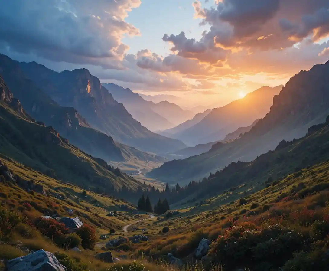 Alba drammatica su un tranquillo paesaggio di valle montuosa