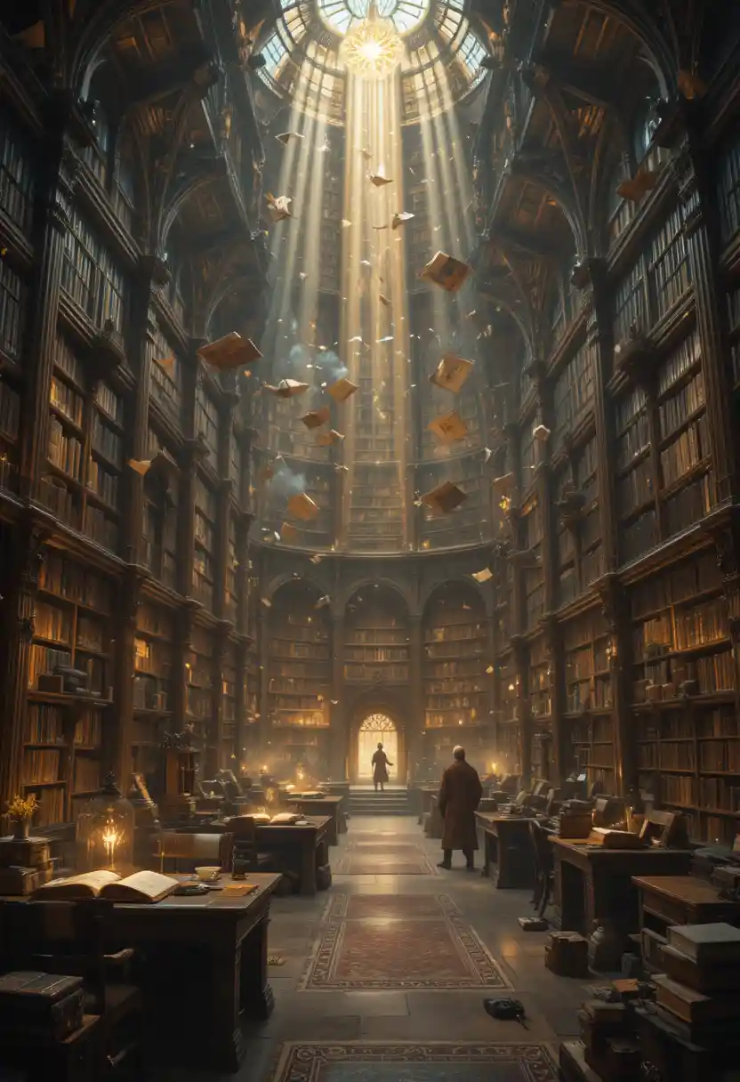 Enorme biblioteca fantasy con libri fluttuanti e rune luminose