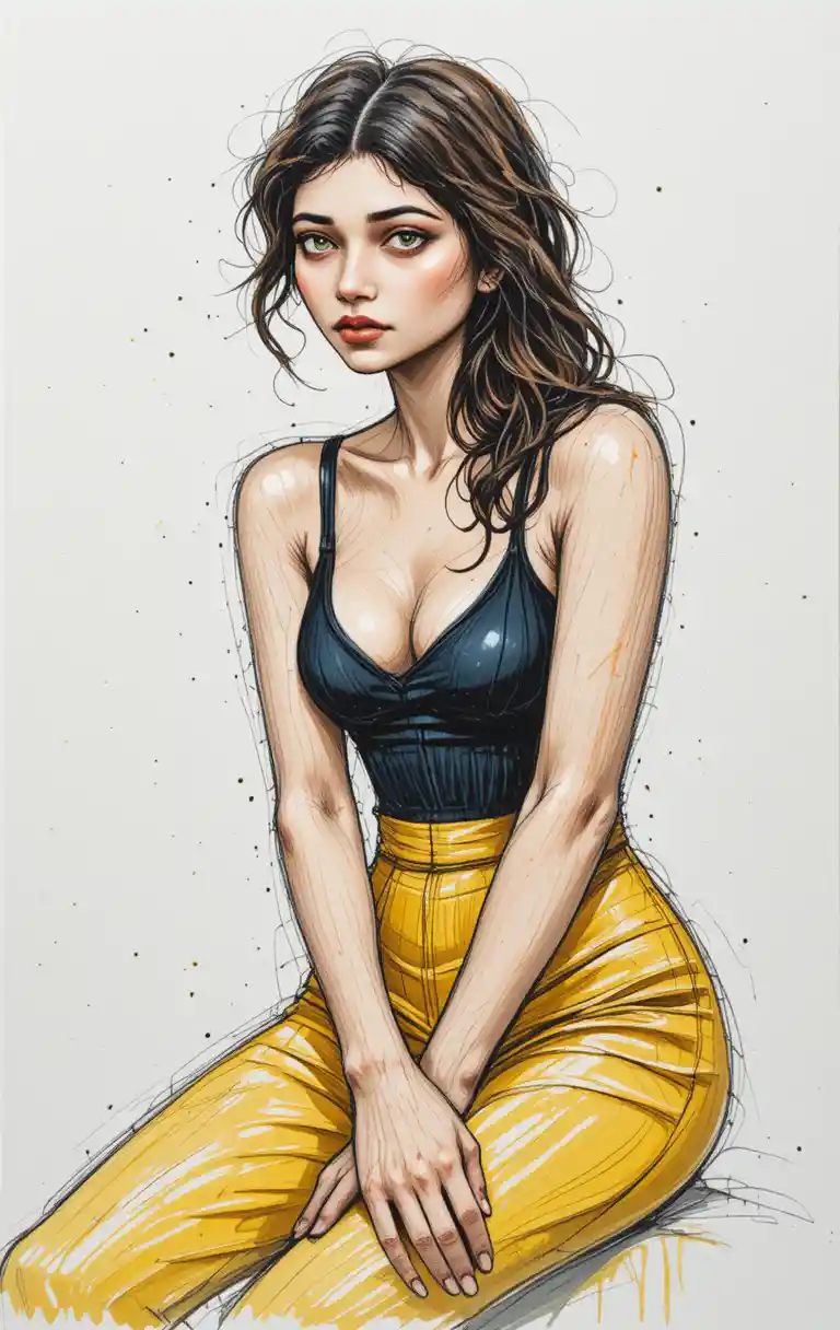 Seated girl portrait in mixed ink and colored pencil