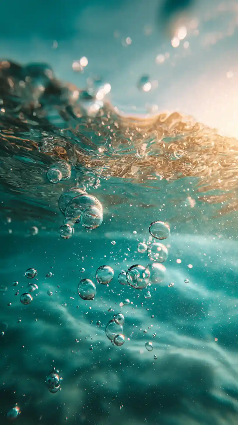 水下氣泡朝向陽光灑落的海面上升