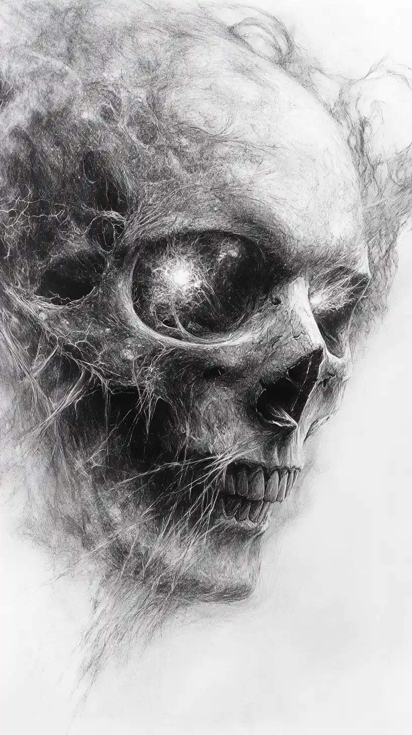 Crâne au fusain aux yeux lumineux dans une composition abstraite de feu