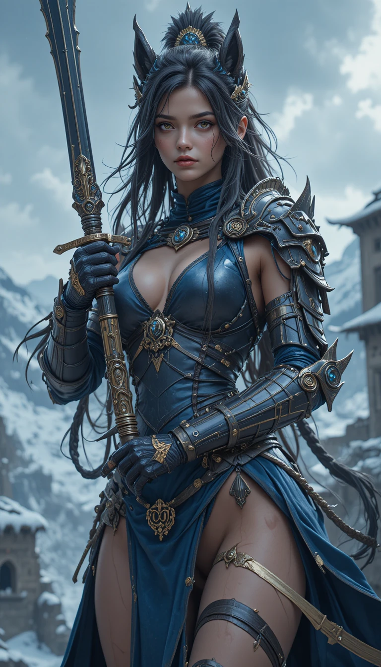 Close up of tattooed anime warrior woman in blue armor