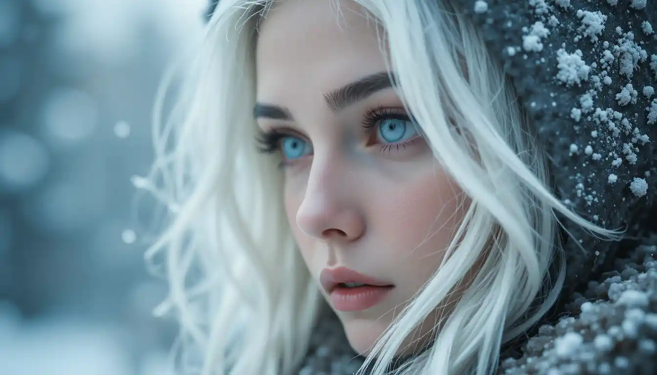 Ethereal girl with icy white hair in winter close up