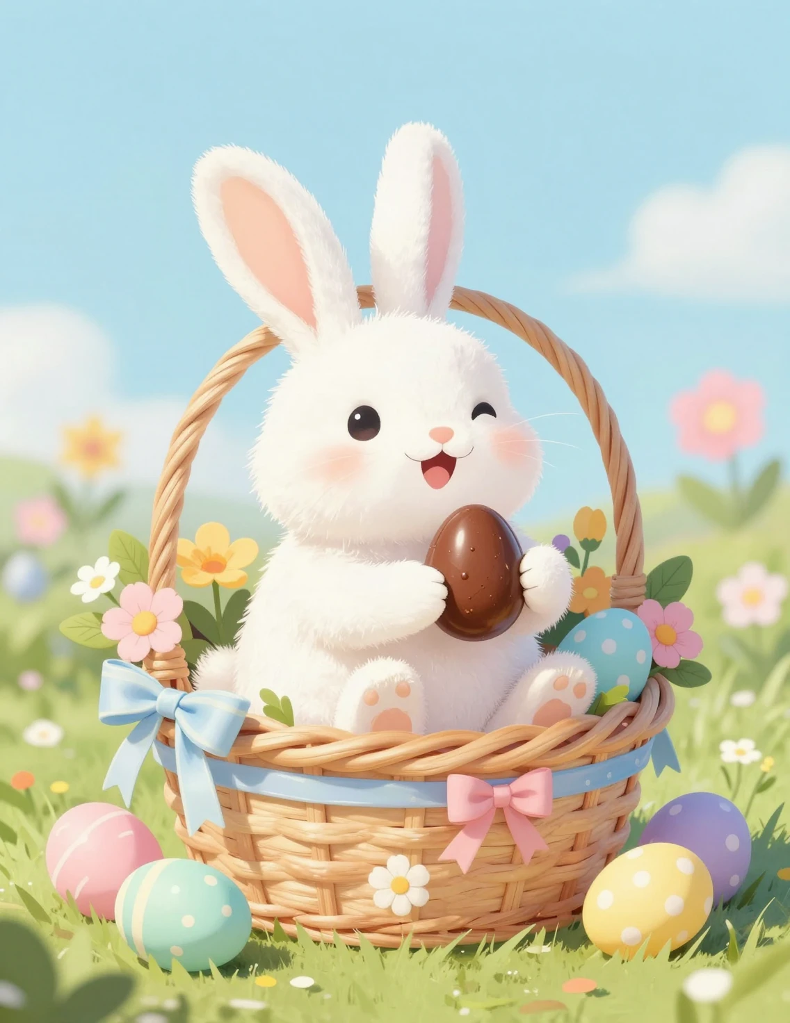 Coelho branco de Páscoa alegre em uma cesta colorida de primavera