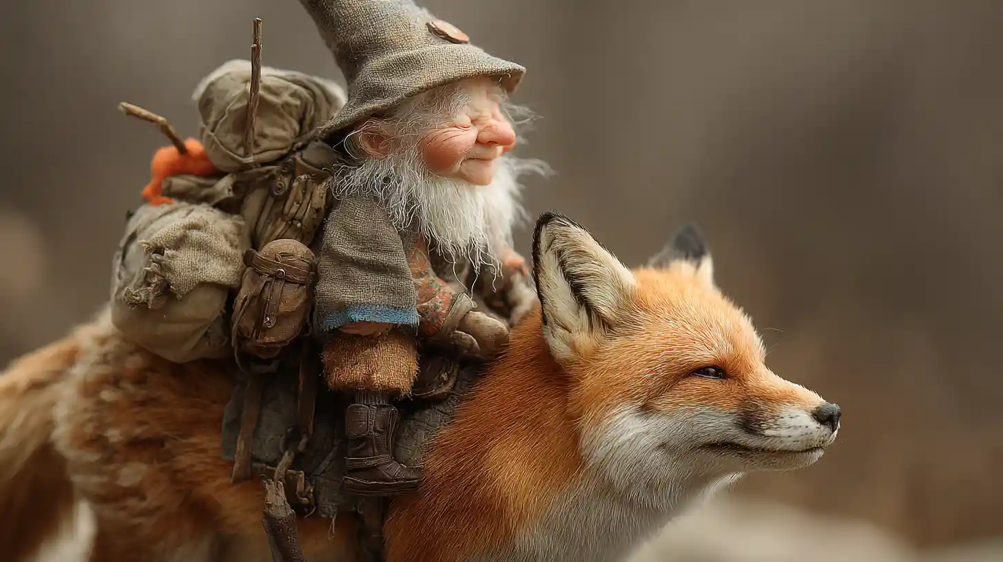 Tiny gnome riding a fox with a travel backpack