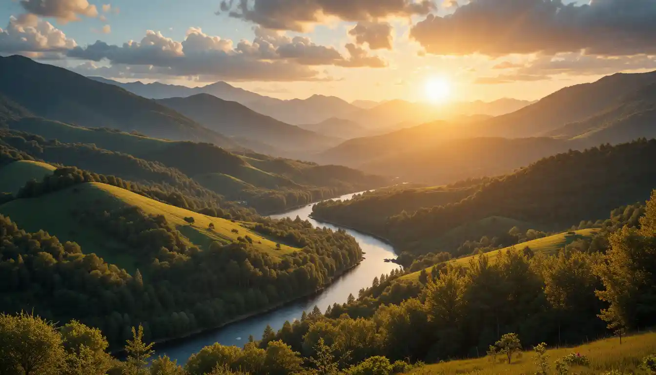 Nascer do sol dourado sobre colinas onduladas e vale de rio sinuoso