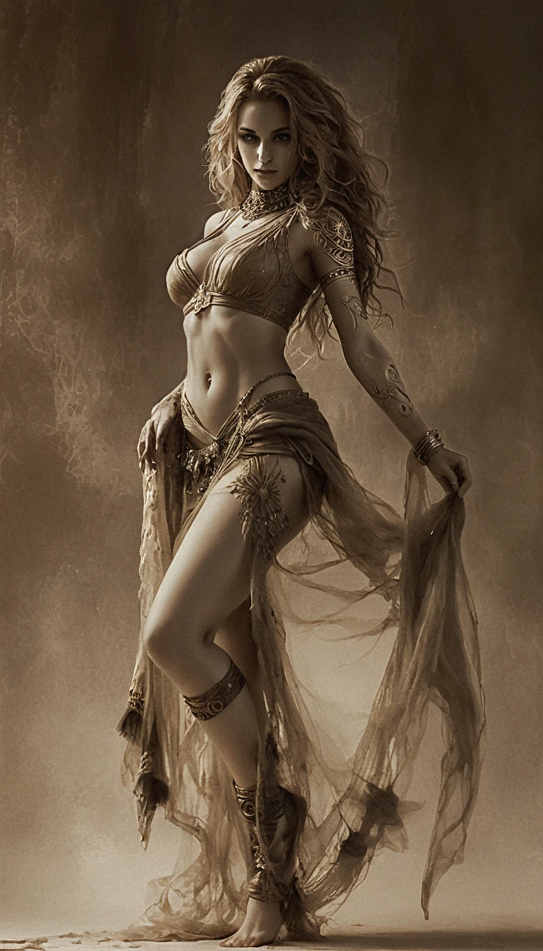 Guerreira de fantasia em sépia em retrato dramático de corpo inteiro