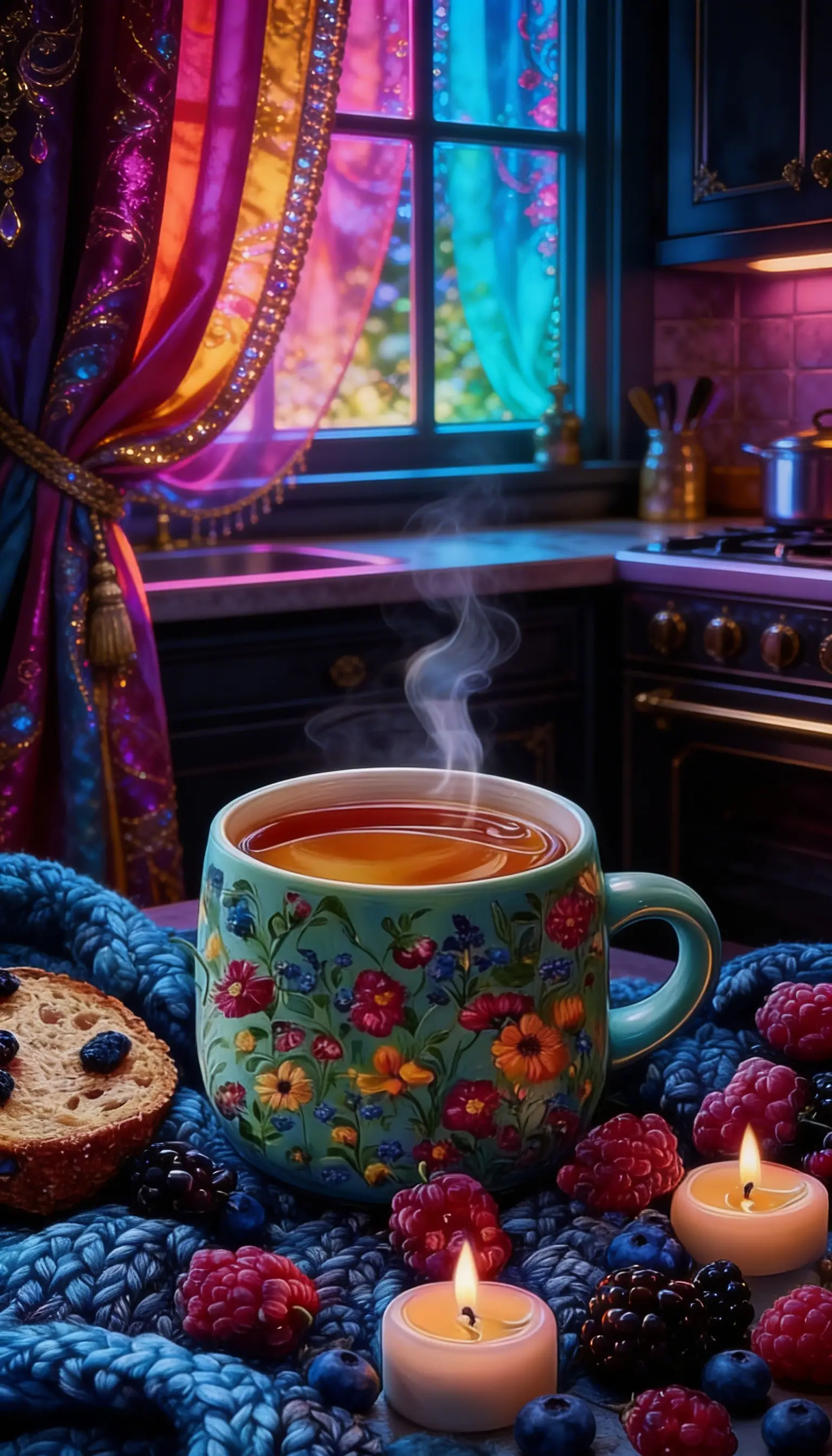 Mesa de cozinha de fantasia sombria com chá e decoração de frutas vermelhas