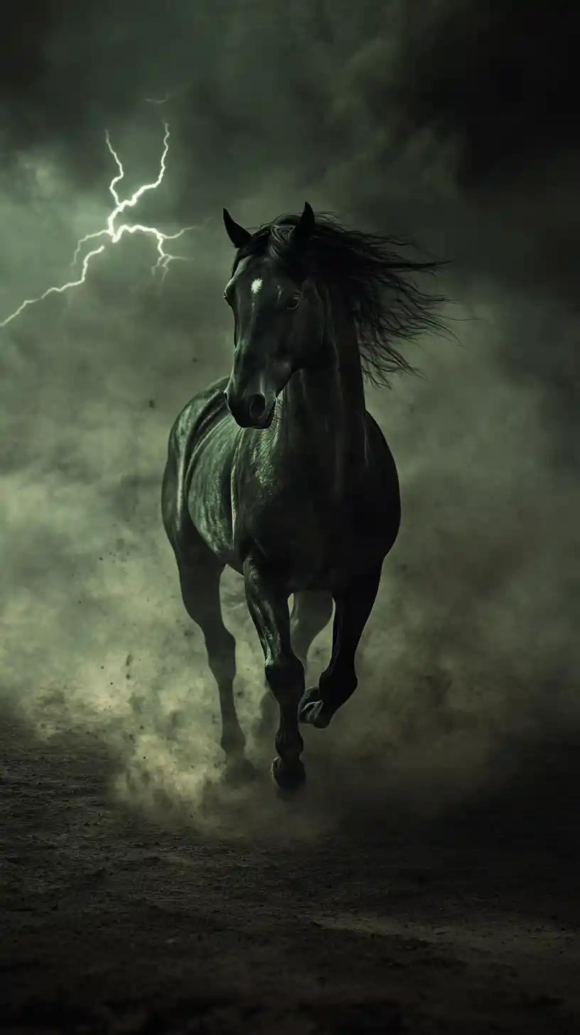 Spectral black dust horse galloping across dark desert