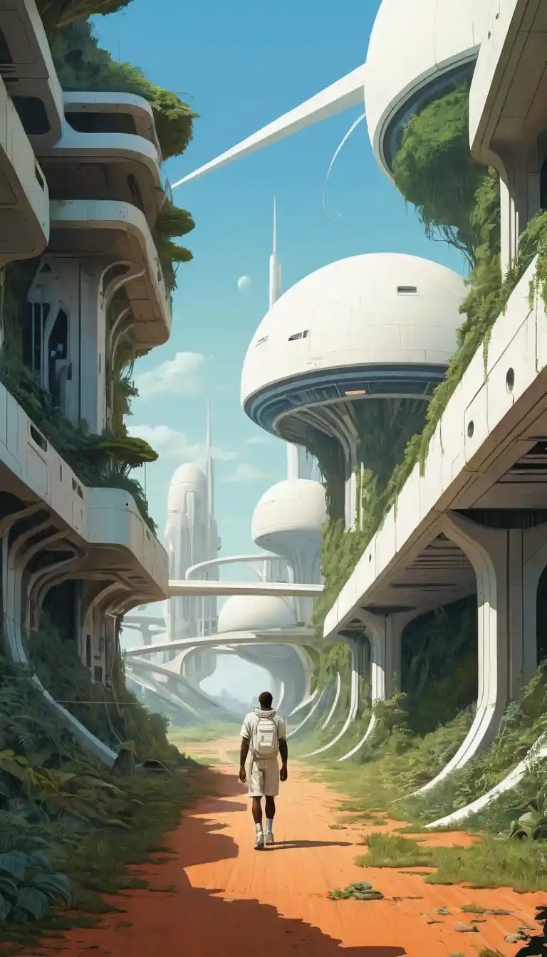 Jovem caminhando em direção a estruturas futuristas cobertas de vegetação